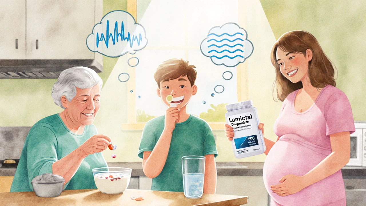 A diverse family taking medication in a kitchen, with thought bubbles showing brain stability and gentle waves of calm.