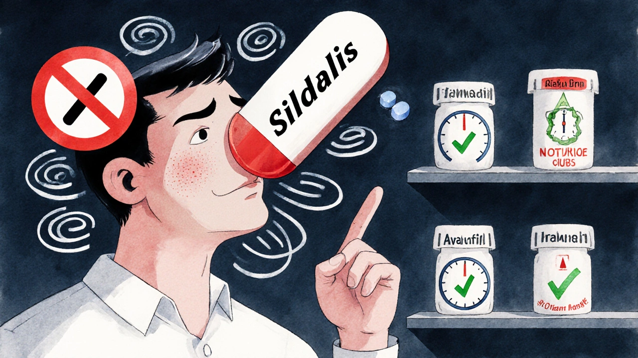 A man experiencing exaggerated side effects from Sildalis, with warning symbols floating around him.