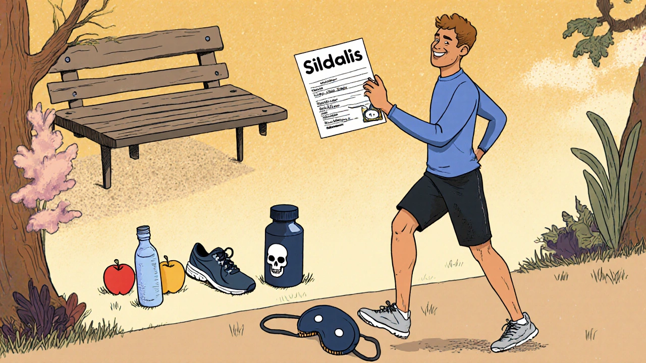 A man jogging in a park receiving lifestyle advice from a doctor, while a discarded Sildalis bottle lies nearby.