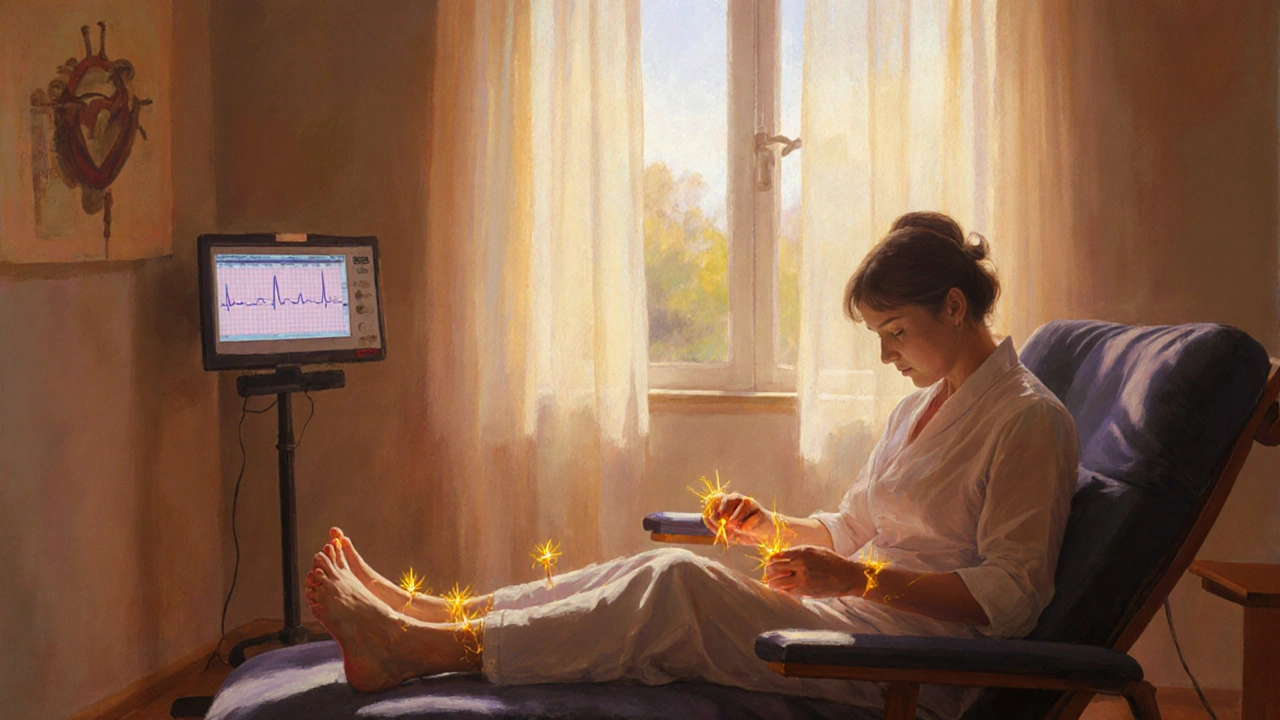 Acupuncturist treating a relaxed patient; needles glow and heart monitor shows steady rhythm.