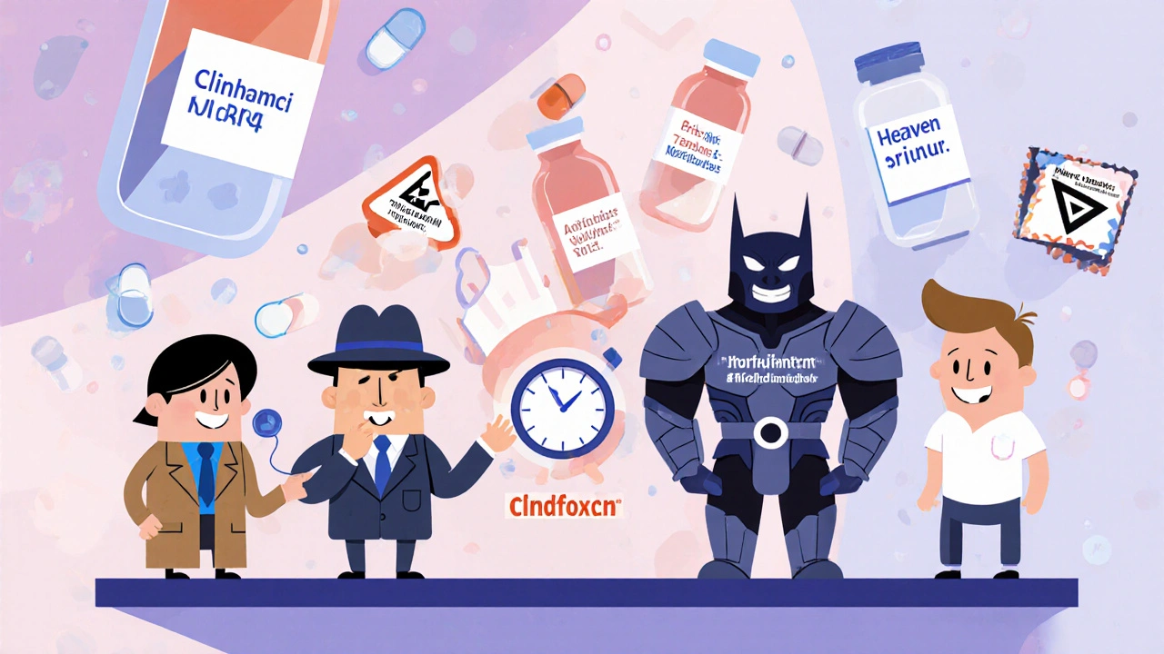 Antibiotic characters on a pharmacy shelf, each with unique traits and symbols