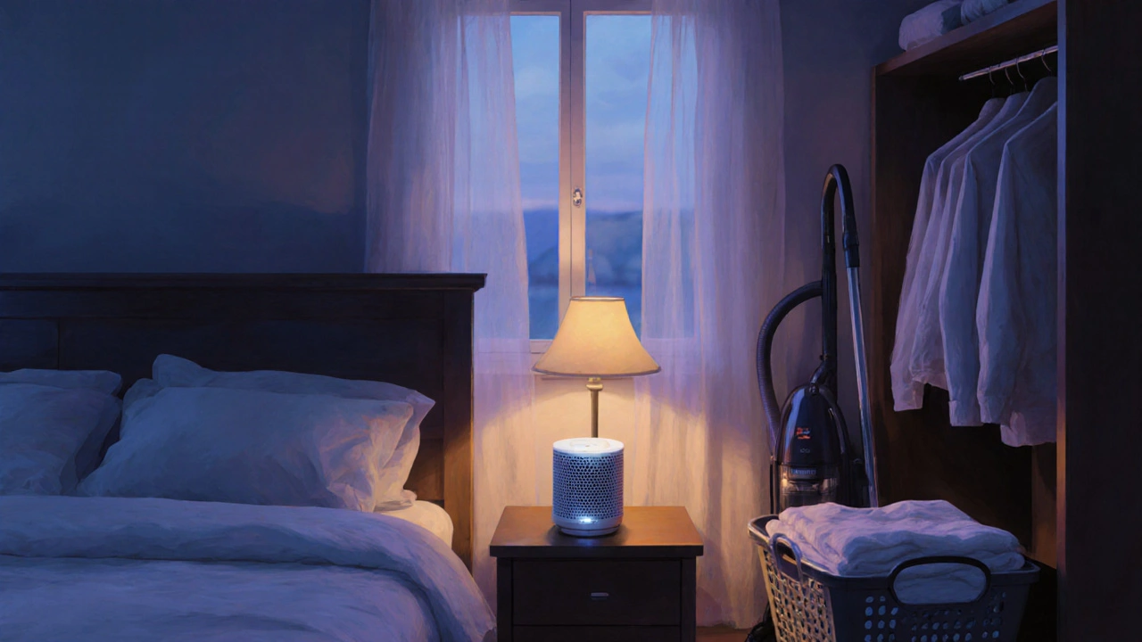 Bedroom with air purifier, closed window, and cleaning items at night.