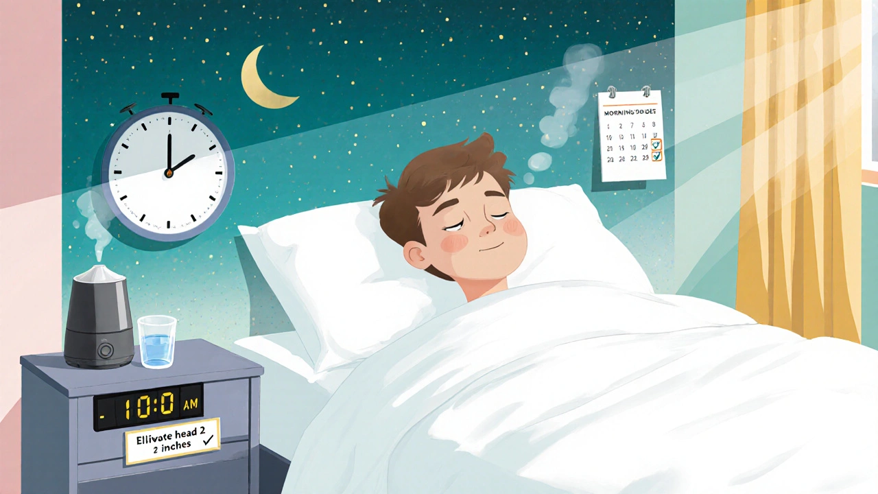 Calm sleeper with bedtime tips: morning dose clock, water glass, humidifier, and elevated head.