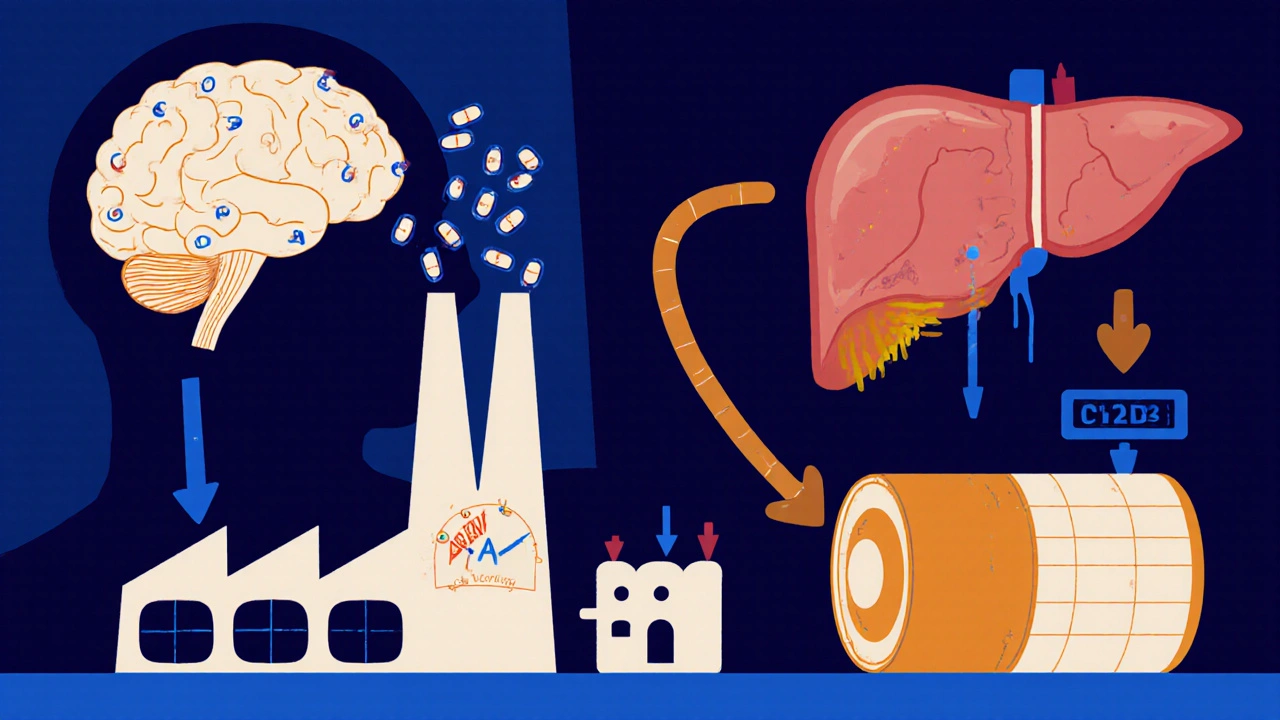Cartoon diagram of brain, liver, and heart illustrating drug‑alcohol interaction.