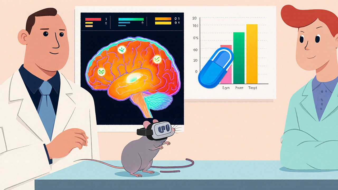 Cartoon lab with scientists, mouse anxiety meter dropping, and brain scan showing glutamate reduction by memantine.