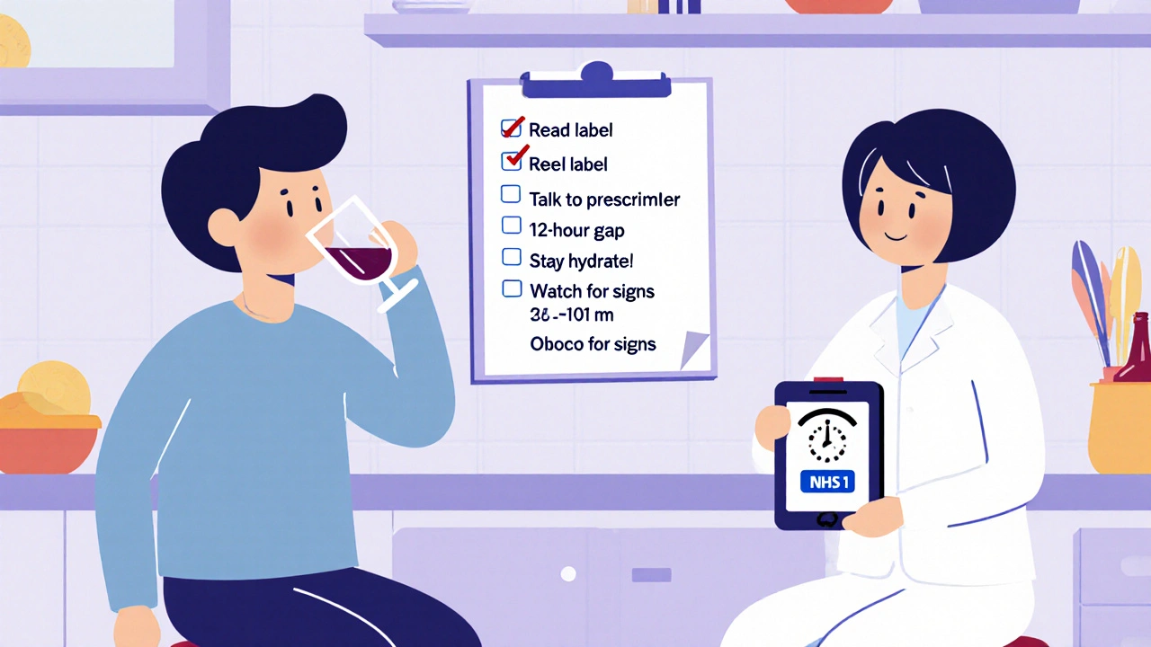 Cartoon of a safety checklist and a person responsibly managing Prochlorperazine with alcohol.