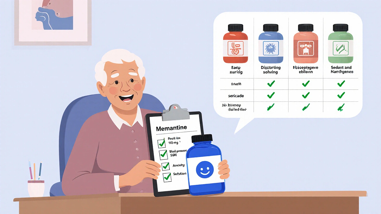 Cartoon older adult with memantine bottle, checklist of monitoring steps, and side‑effect comparison chart.