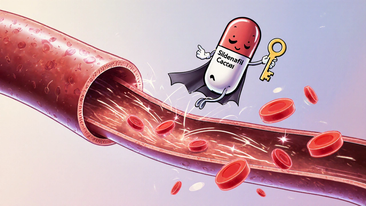 Cartoon sildenafil capsule unlocking a blood vessel, allowing red blood cells to flow faster.