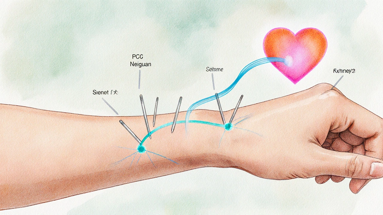 Close‑up of forearm showing acupuncture points and a glowing vagus nerve path to a stylized heart.