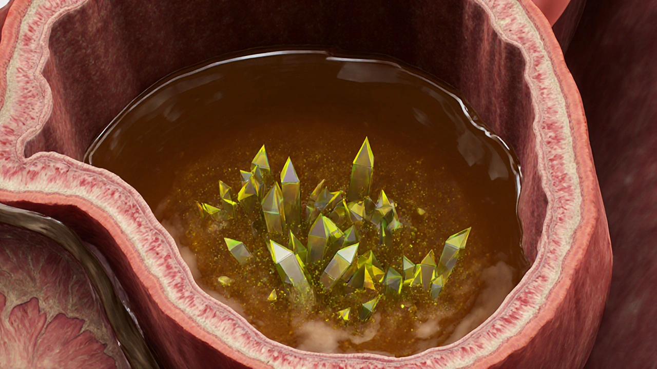 Cross‑section of kidney showing uric acid crystals forming in acidic urine.