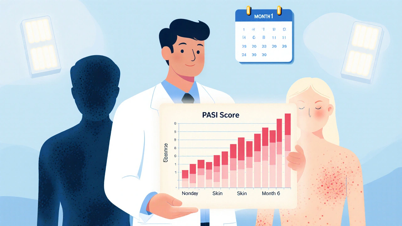 Dermatologist showing skin improvement chart as patient's skin clears over months.