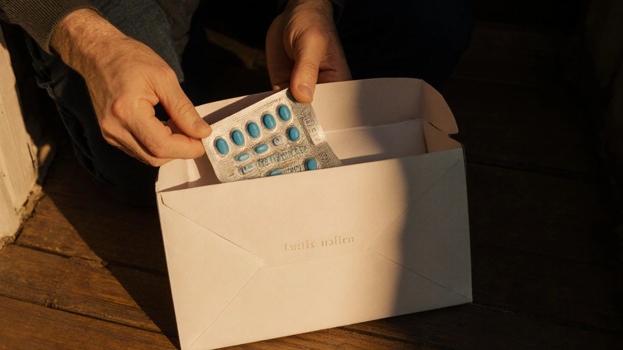 Discreet parcel opened to show blister pack of generic Levitra tablets on a doorstep.