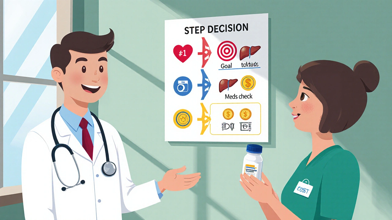Doctor and patient reviewing a three‑step statin choice flowchart.