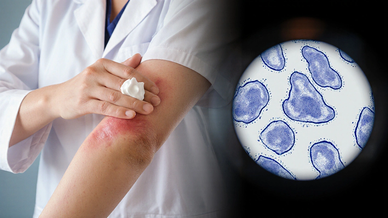 Doctor applying cream to rash beside microscope view of yeast cells.