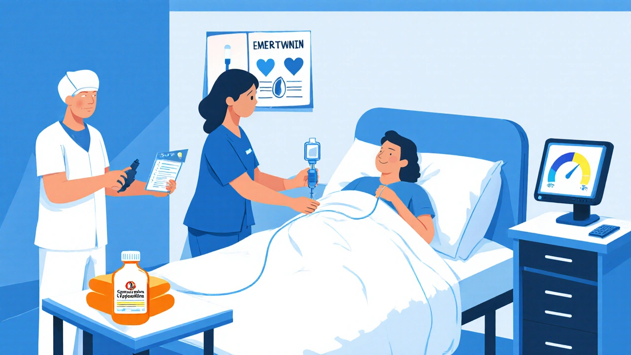 Emergency staff administer IV, cooling blanket, and give cyproheptadine to a patient.