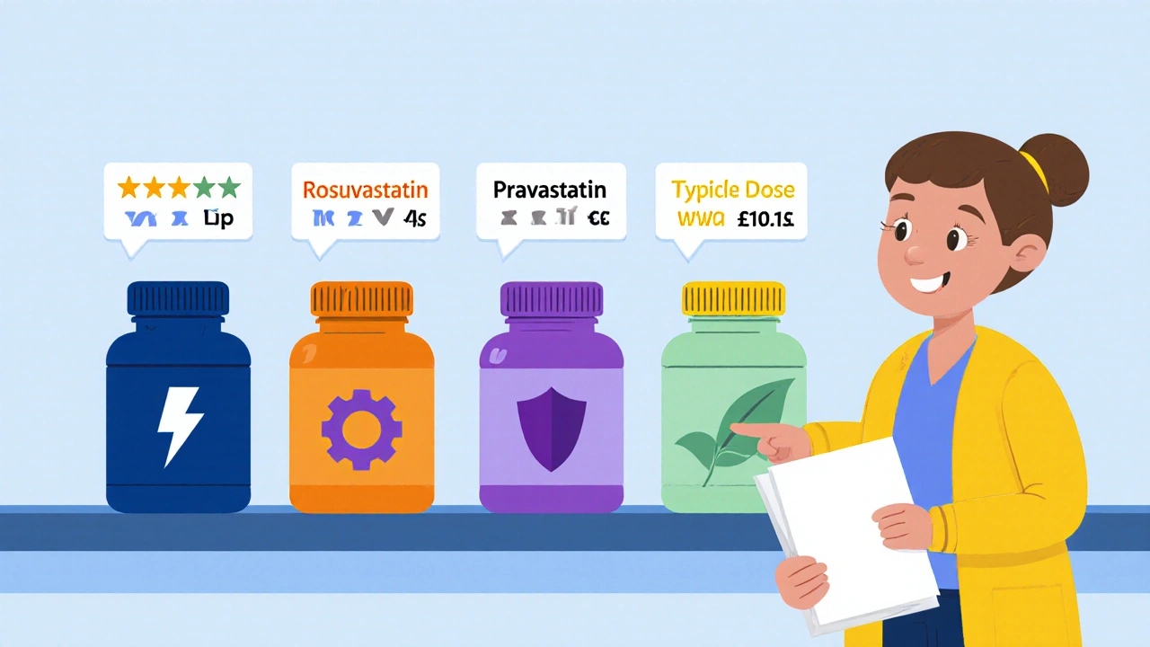 Five statin pill bottles on a shelf with icons for potency, dose, and cost.