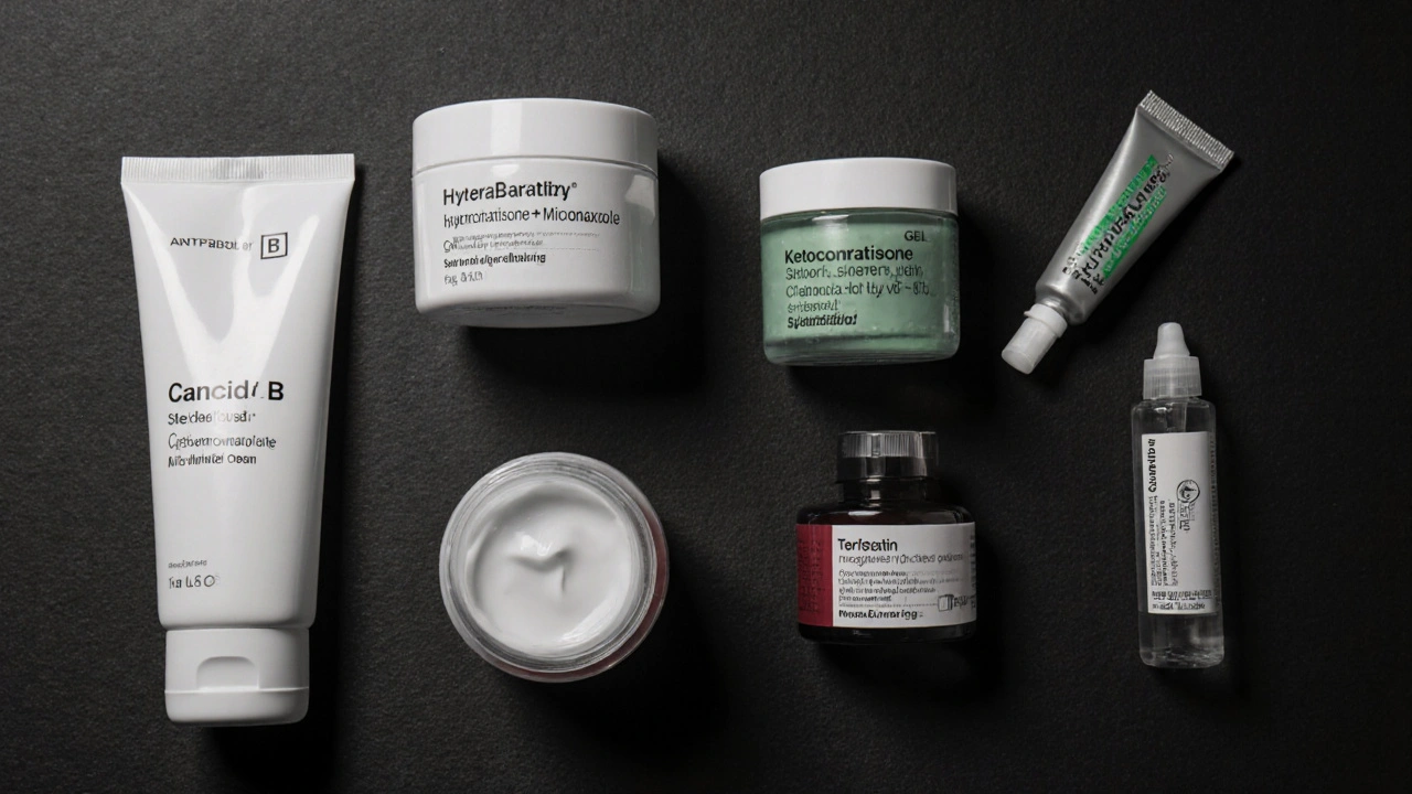 Flat lay of six different antifungal and steroid creams arranged on a dark surface.