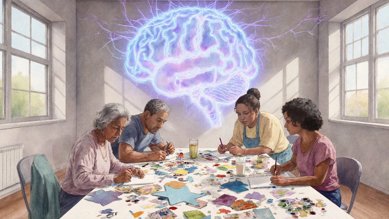 Group art therapy session with collaborative mural and faint brain overlay highlighting neural activity.