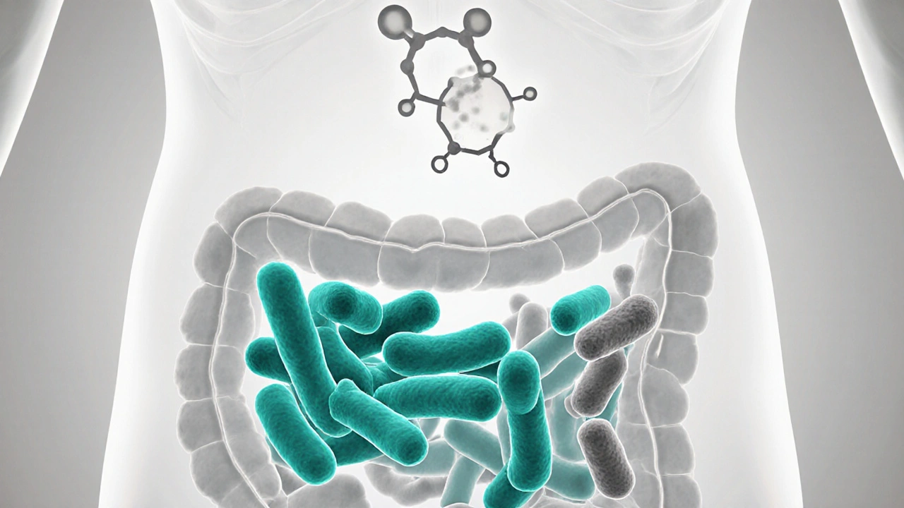 Gut cross‑section showing teal‑highlighted Bifidobacterium with linagliptin molecule.