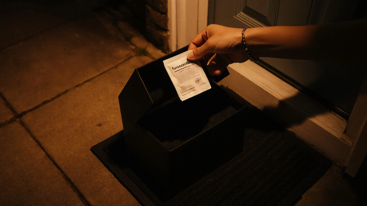 Hand opening a discreet delivery box on a doorstep, showing a white medication pouch.