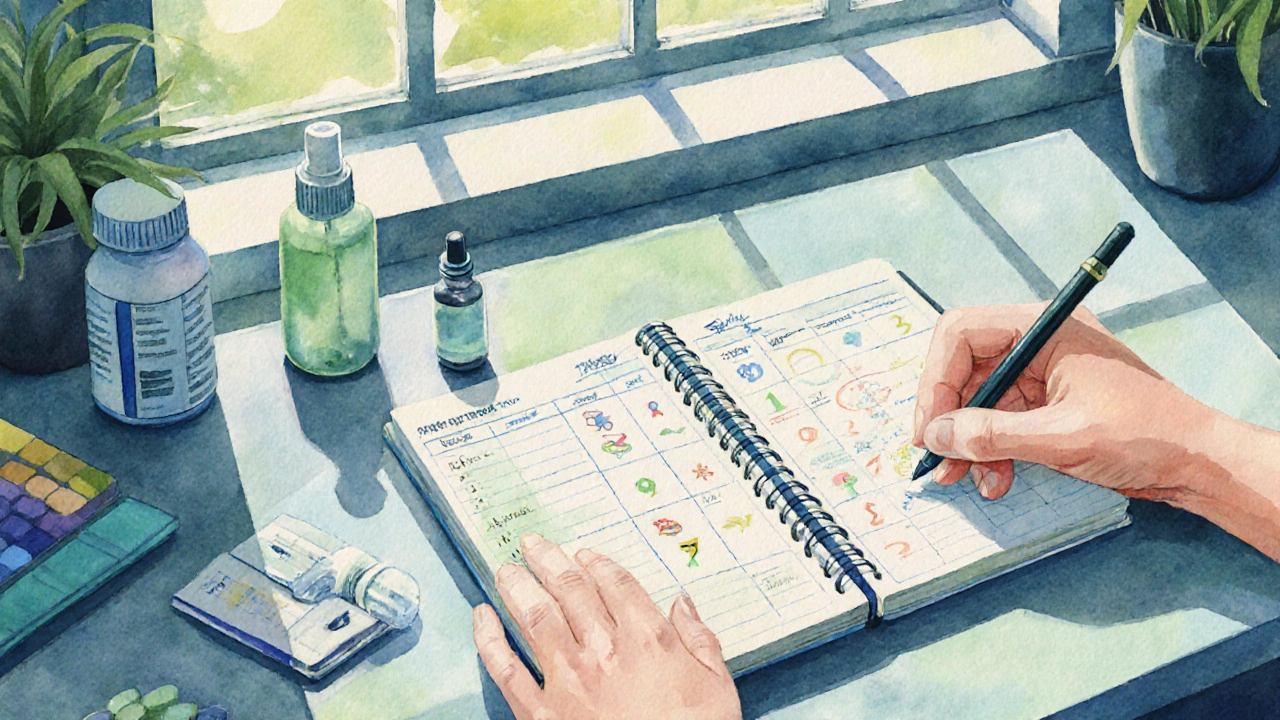 Hand writing in a symptom log beside allergy meds on a desk.