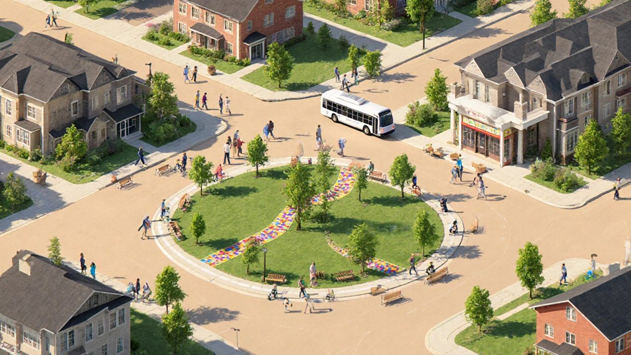 Isometric view of a retrofitted suburb with pocket park, benches, and transit hub for seniors.