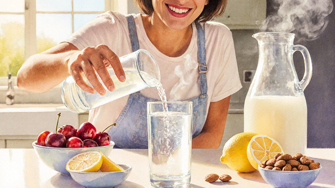 Kitchen scene with water, cherries, lemons, and almonds promoting kidney health.