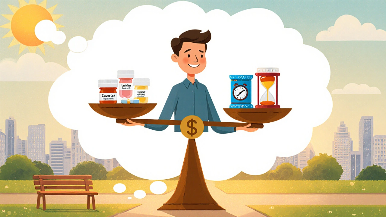 Man weighing Caverta tablets against other ED pills on a scale in a cartoon park scene.