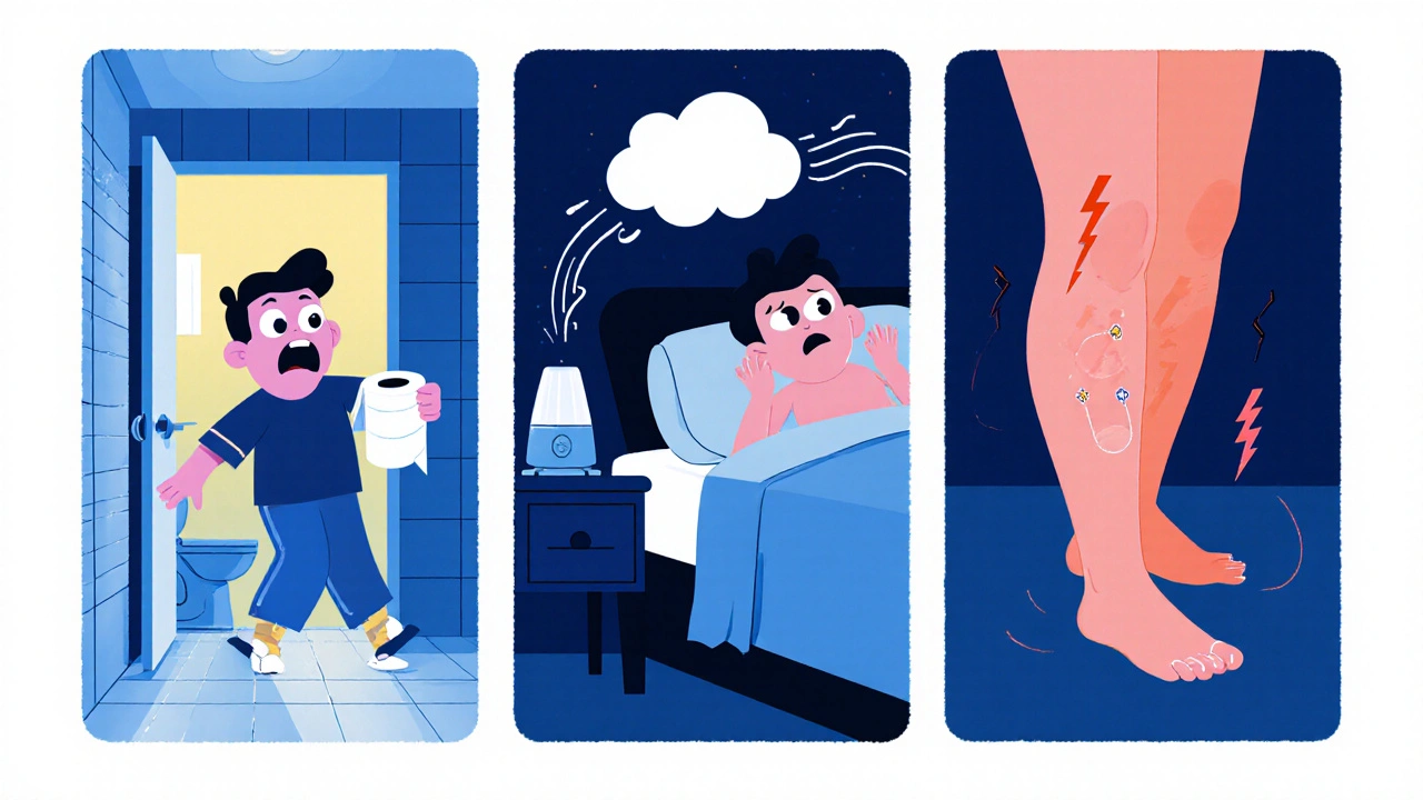 Nighttime bathroom rush, coughing in bed, and restless‑leg sensations illustrated.