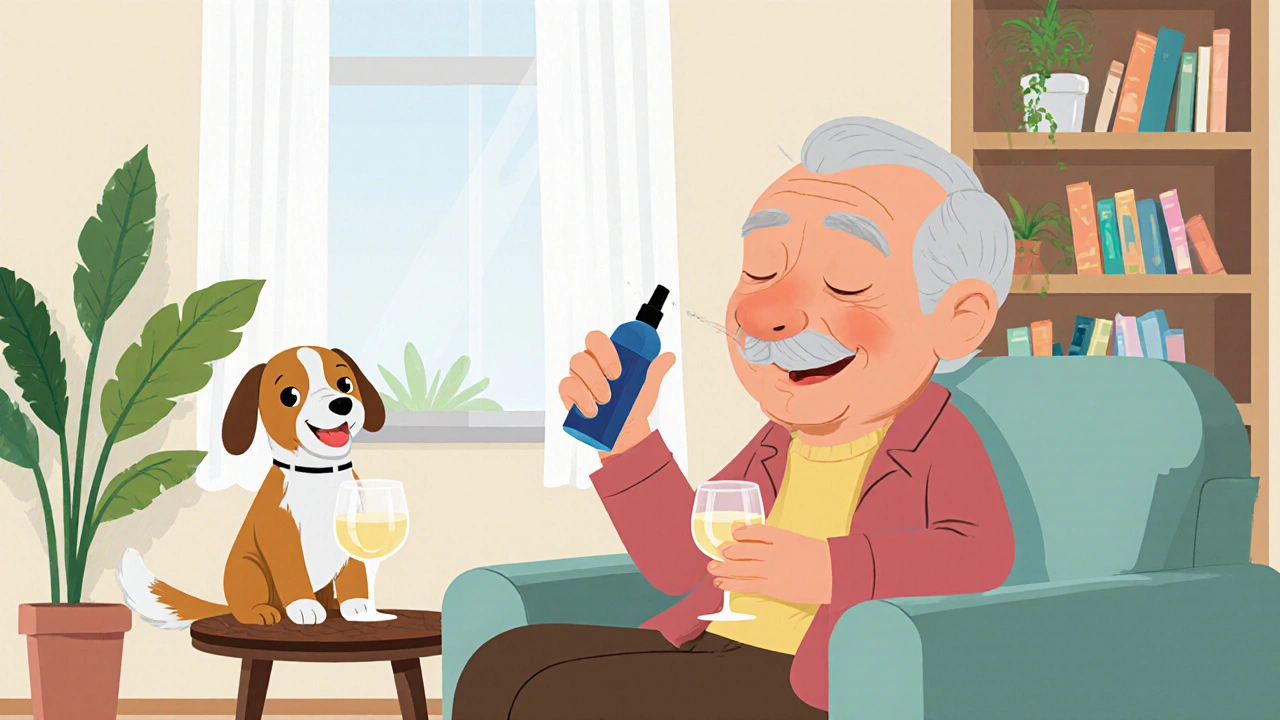 Older adult uses nasal spray while sipping wine, appears relaxed and focused.