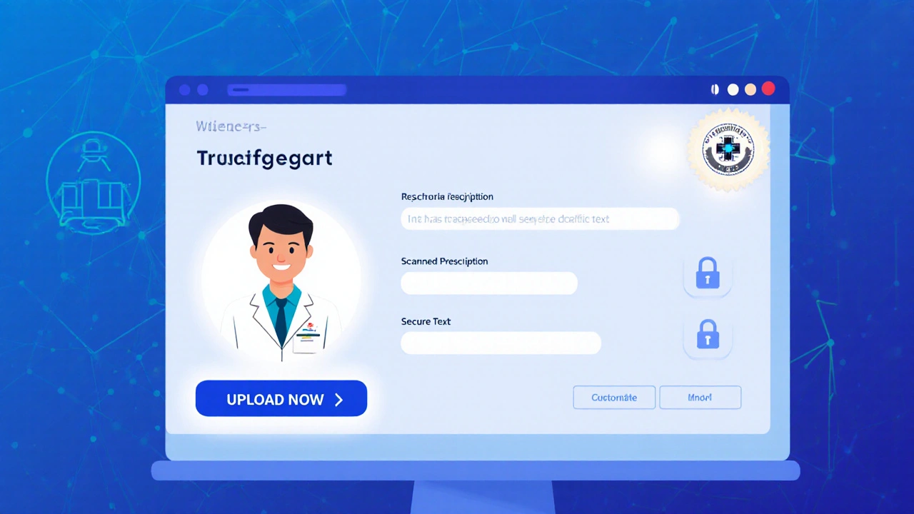 Online pharmacy screen with pharmacist avatar, upload button, and MHRA badge.