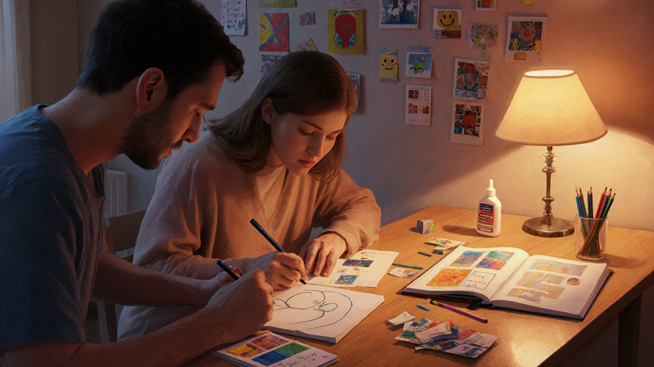 Patient and family creating simple art together at home, using cheap supplies and a visual journal.