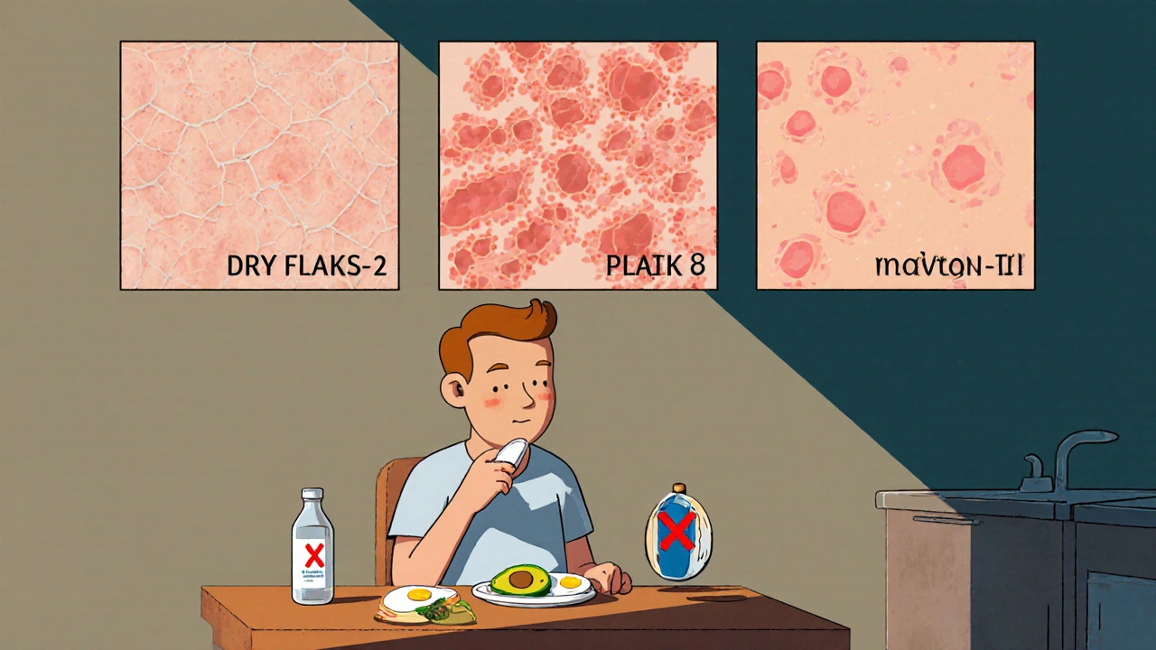 Patient taking acitretin with healthy food as their skin improves over weeks.