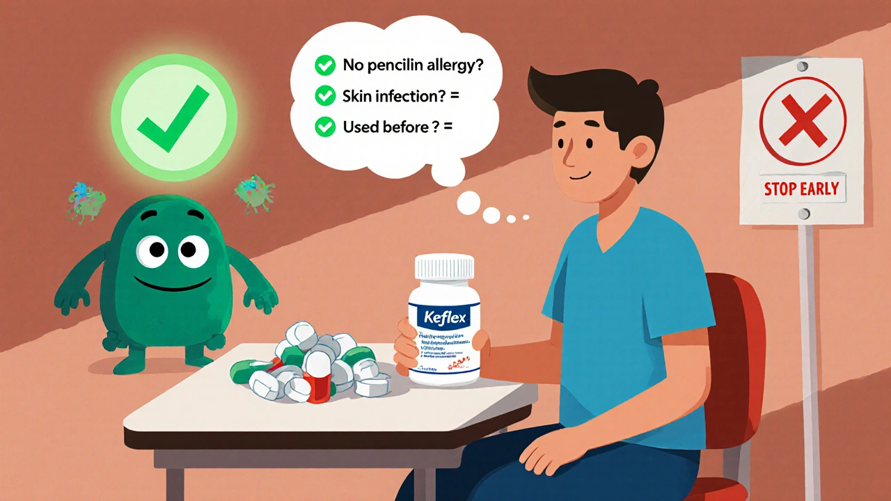 Patient with Keflex pill bottle and checklist, bacteria being defeated by green checkmark
