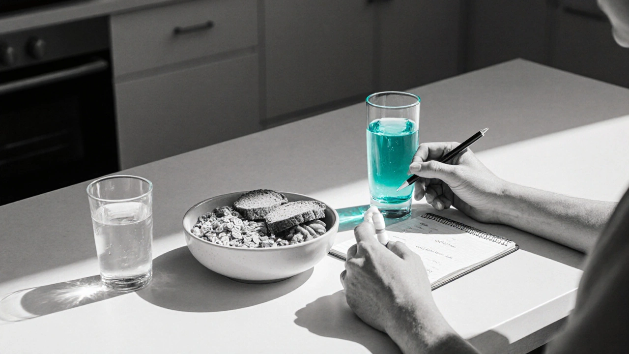 Person drinking water, eating fiber, holding linagliptin tablet and diary in duotone.