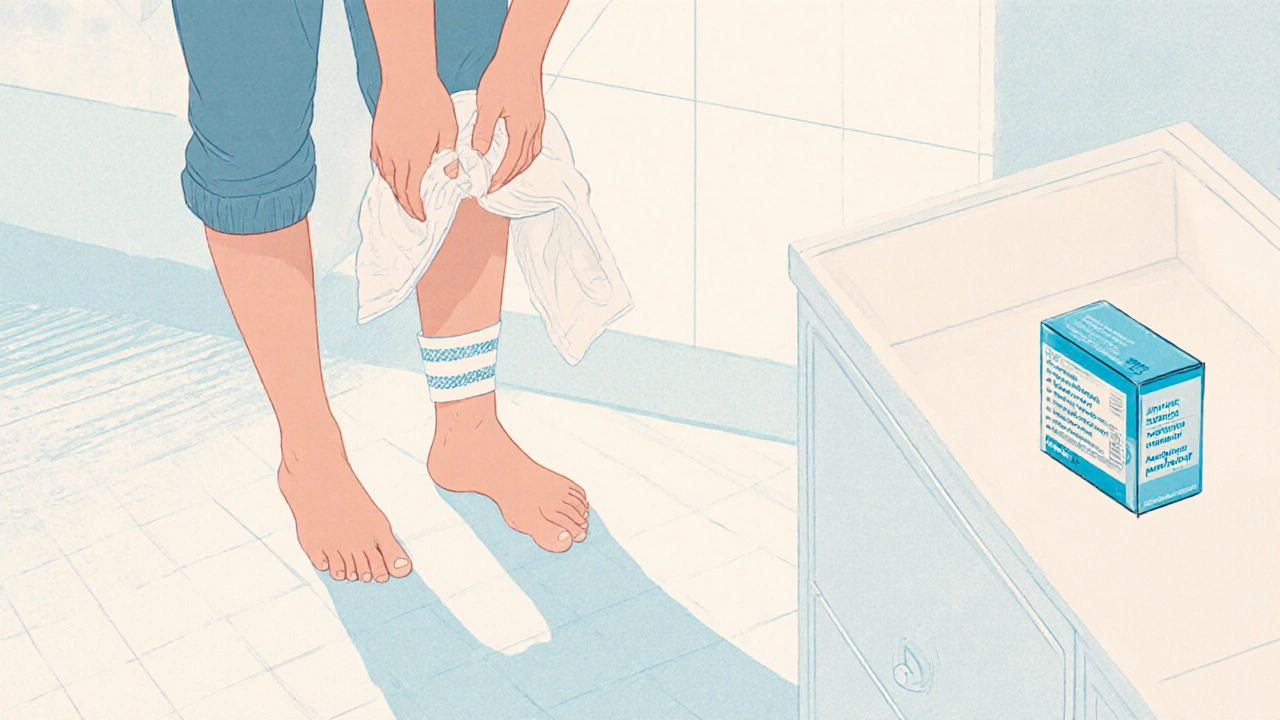 Person drying skin in bathroom, wearing cotton underwear and socks.