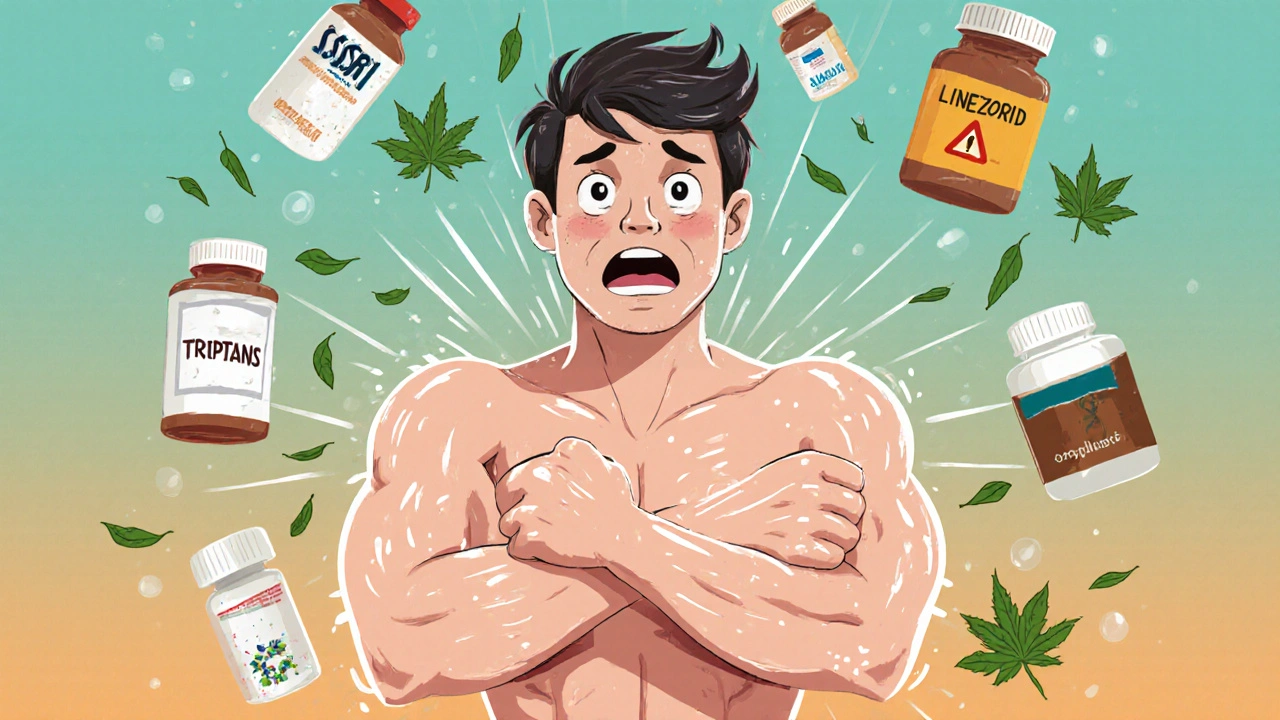 Person sweating and trembling surrounded by floating pill bottles and herbal leaves.