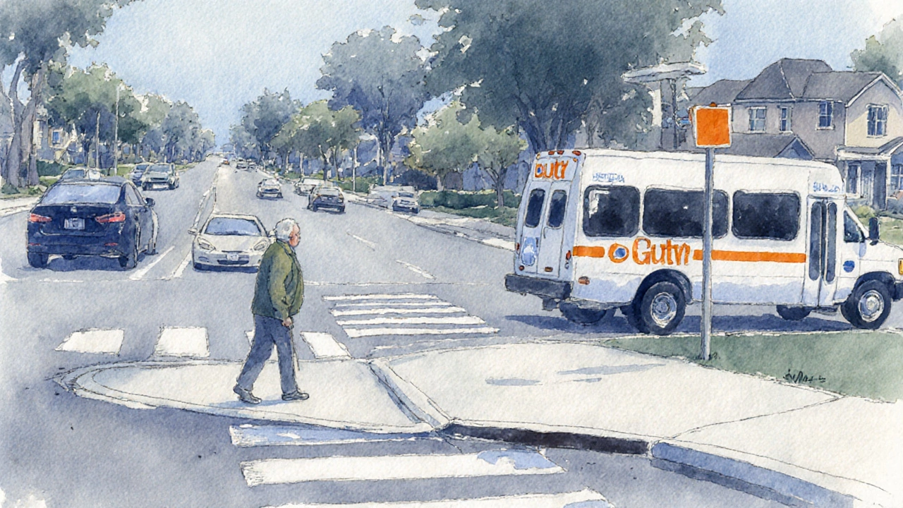 Senior navigating broken sidewalks beside a shuttle in a muted watercolor suburb.