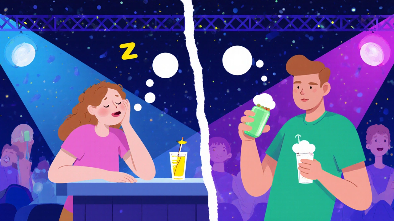 Split scene: one friend extremely sleepy with first‑gen antihistamine, another alert with second‑gen.