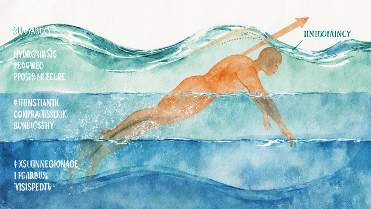 Watercolor view of a swimmer showing buoyancy, pressure, heat, and resistance effects.