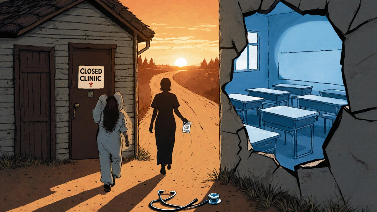 A closed rural clinic with a patient outside as a nurse walks away into the distance.