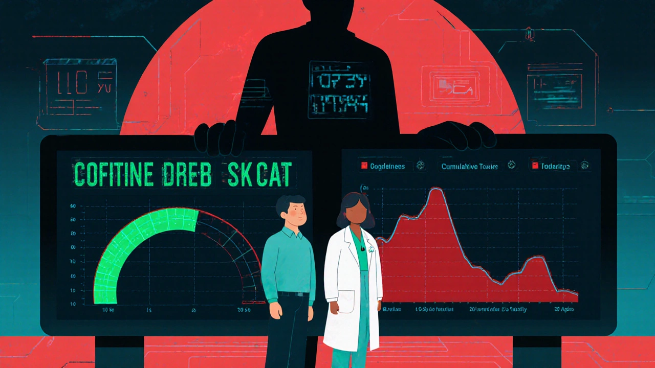 A doctor and patient facing a digital dashboard showing conflicting drug level readings.