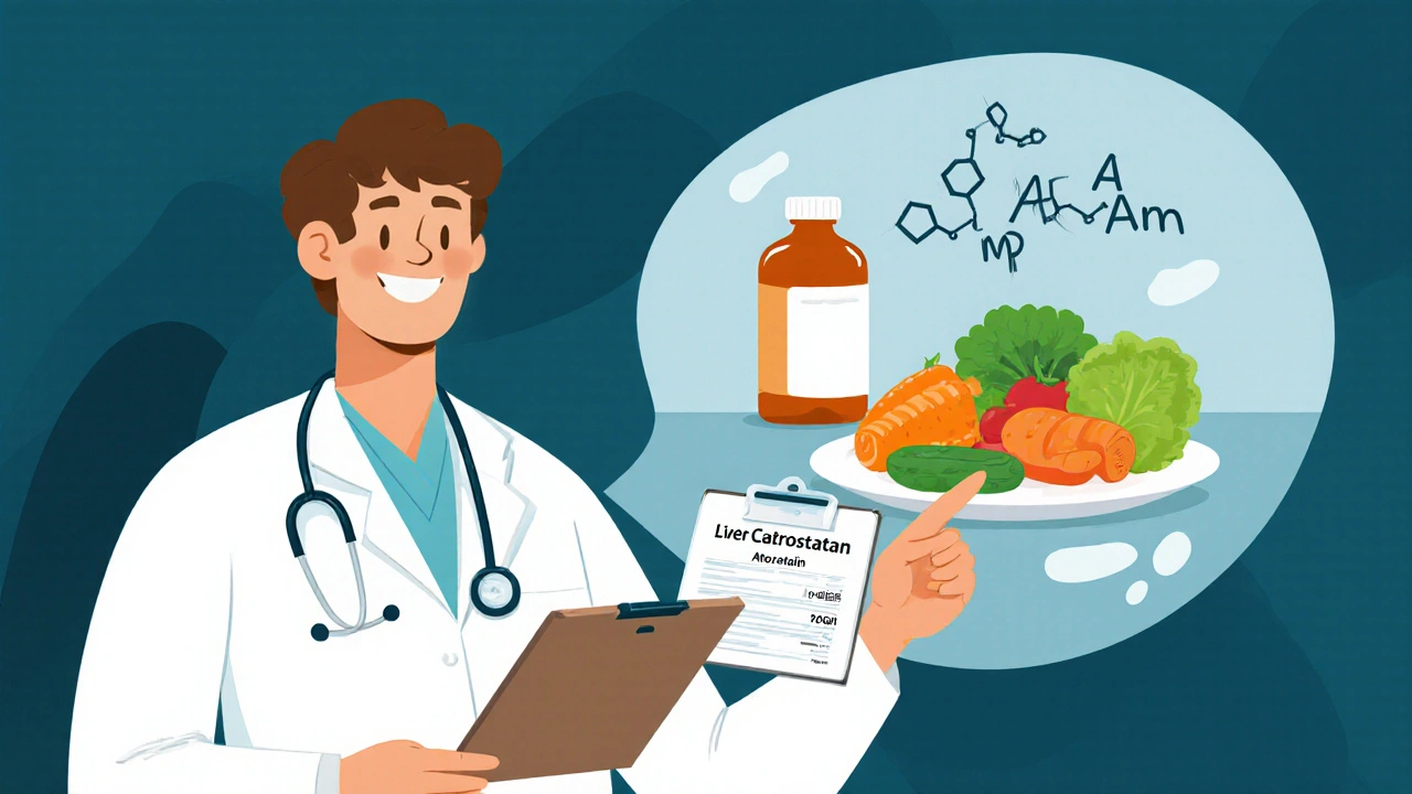 A doctor pointing to healthy food and atorvastatin, with a visual of beta-carotene converting safely in the body.