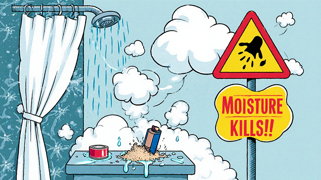 A dry powder inhaler crumbling in a steamy bathroom, surrounded by moisture clouds in cartoon style.
