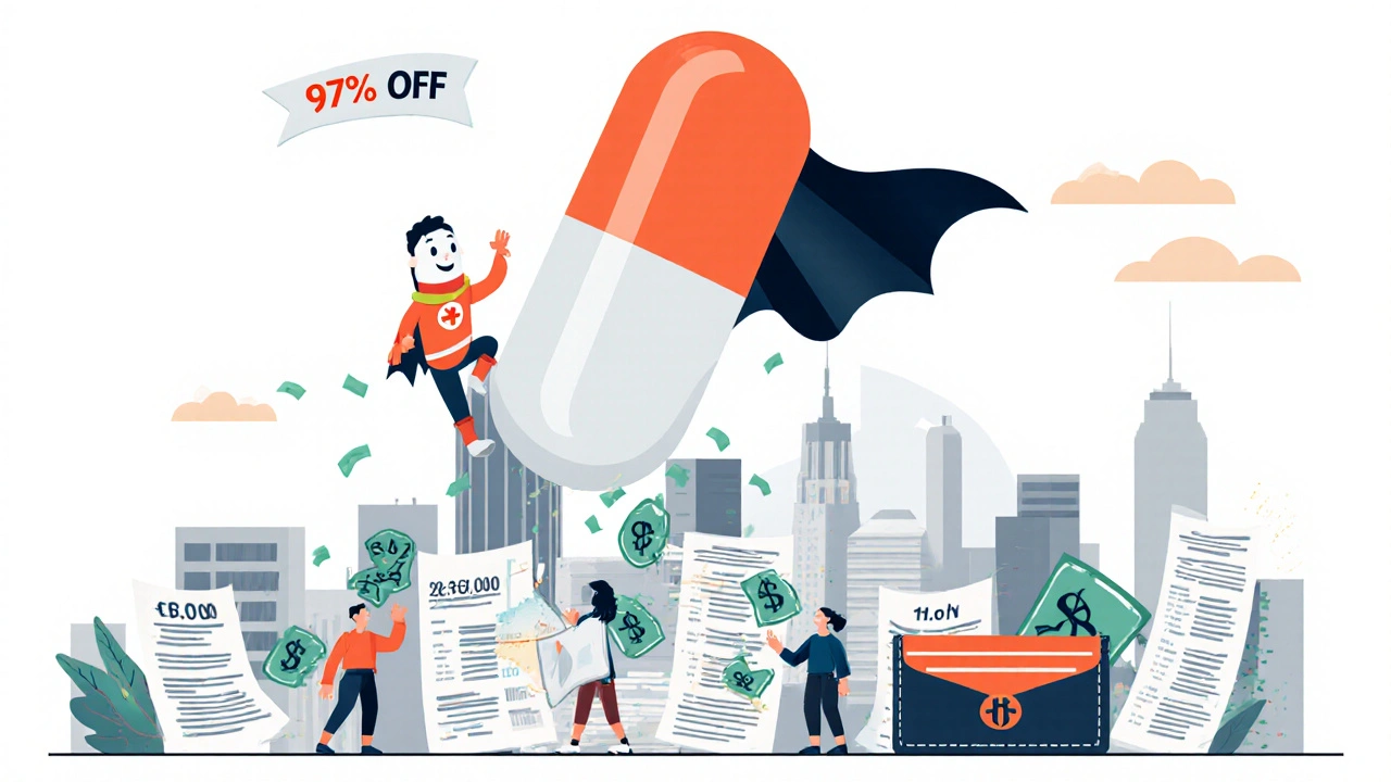 A giant generic pill superhero crushing a brand-name logo, saving money for citizens in a city of medical bills.