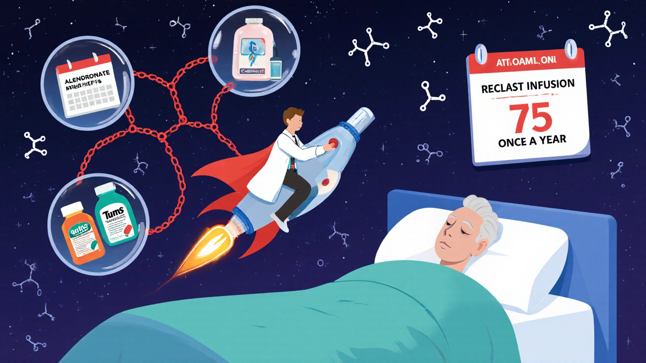 A medical superhero on an IV drip flies past conflicting pills, while an elderly patient sleeps peacefully with a yearly infusion calendar.