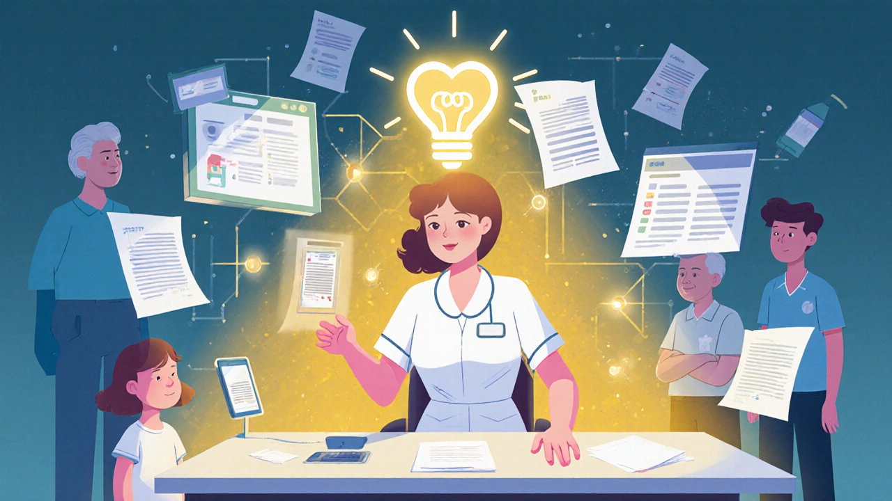 A nurse balancing AI tools while comforting a patient, symbolizing human care over technology.