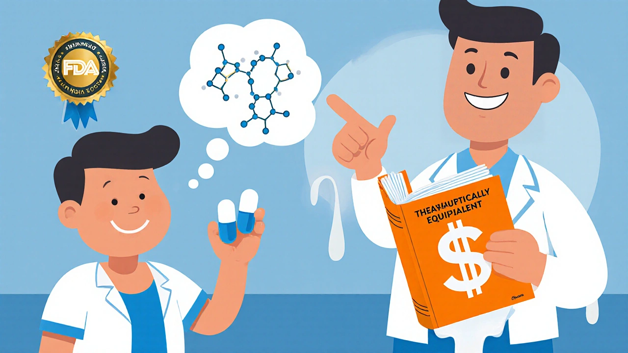 A patient holding two differently colored pills with identical molecules inside, pharmacist pointing to FDA approval.