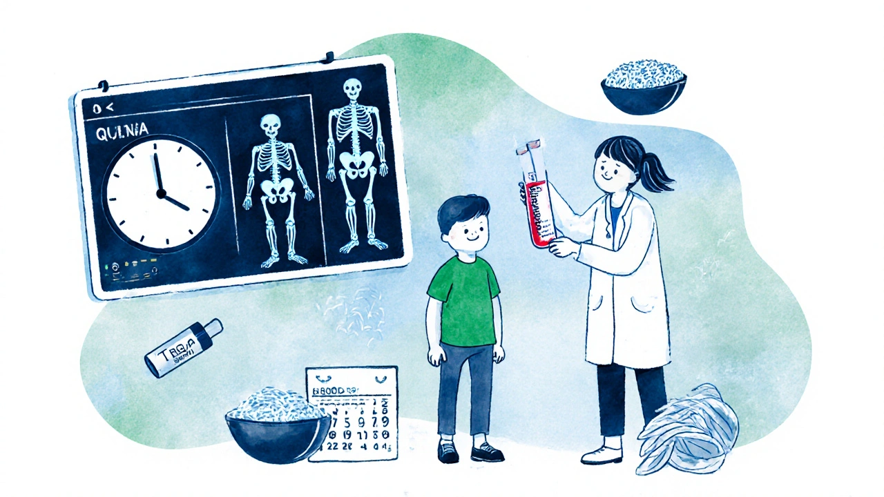 A pediatrician holding a blood test as a child&#039;s X-ray shows delayed bone age, with gluten-free foods floating nearby in a calm medical scene.