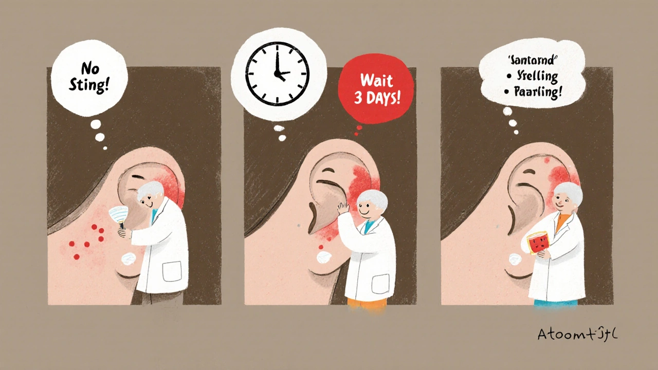 A person doing a patch test behind the ear with a 72-hour clock and reaction panels.